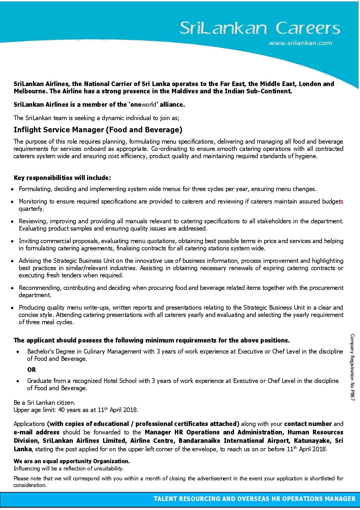 Inflight Service Manager (Food & Beverage) - SriLankan Airlines